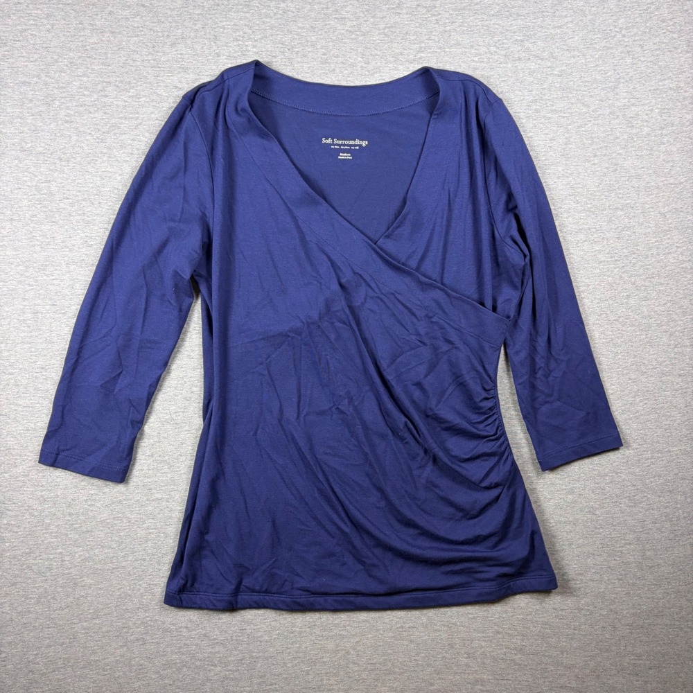 Soft Surroundings Top Womens Medium Blue Faux Wrap Ruched 3/4 Sleeve Pima Modal